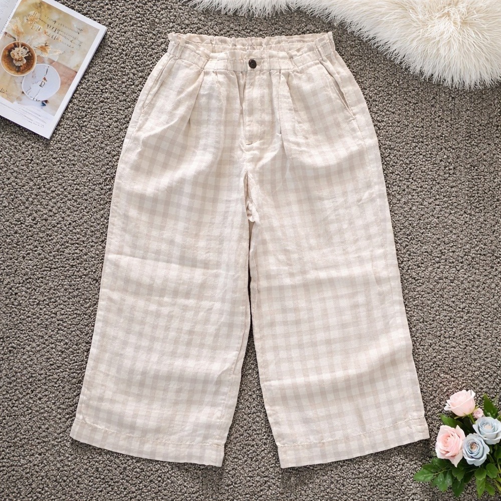 Lou & Grey Petite MP 100% Linen Gingham Wide Leg Paperbag Waist Pants Tan White